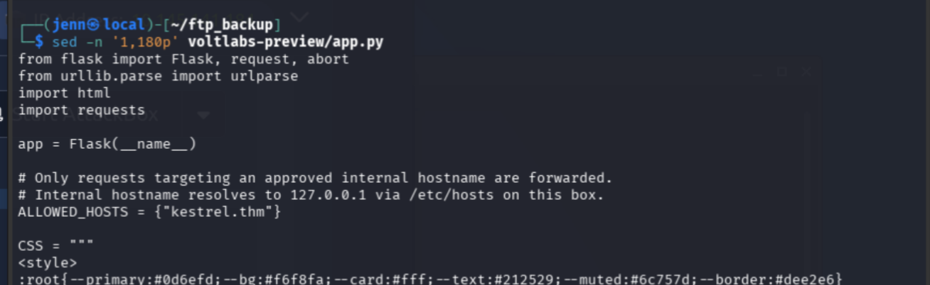 app.py routes showing /preview url parameter, ALLOWED_HOSTS kestrel.thm, /admin/ localhost restriction, /admin/notes reading admin_notes.txt